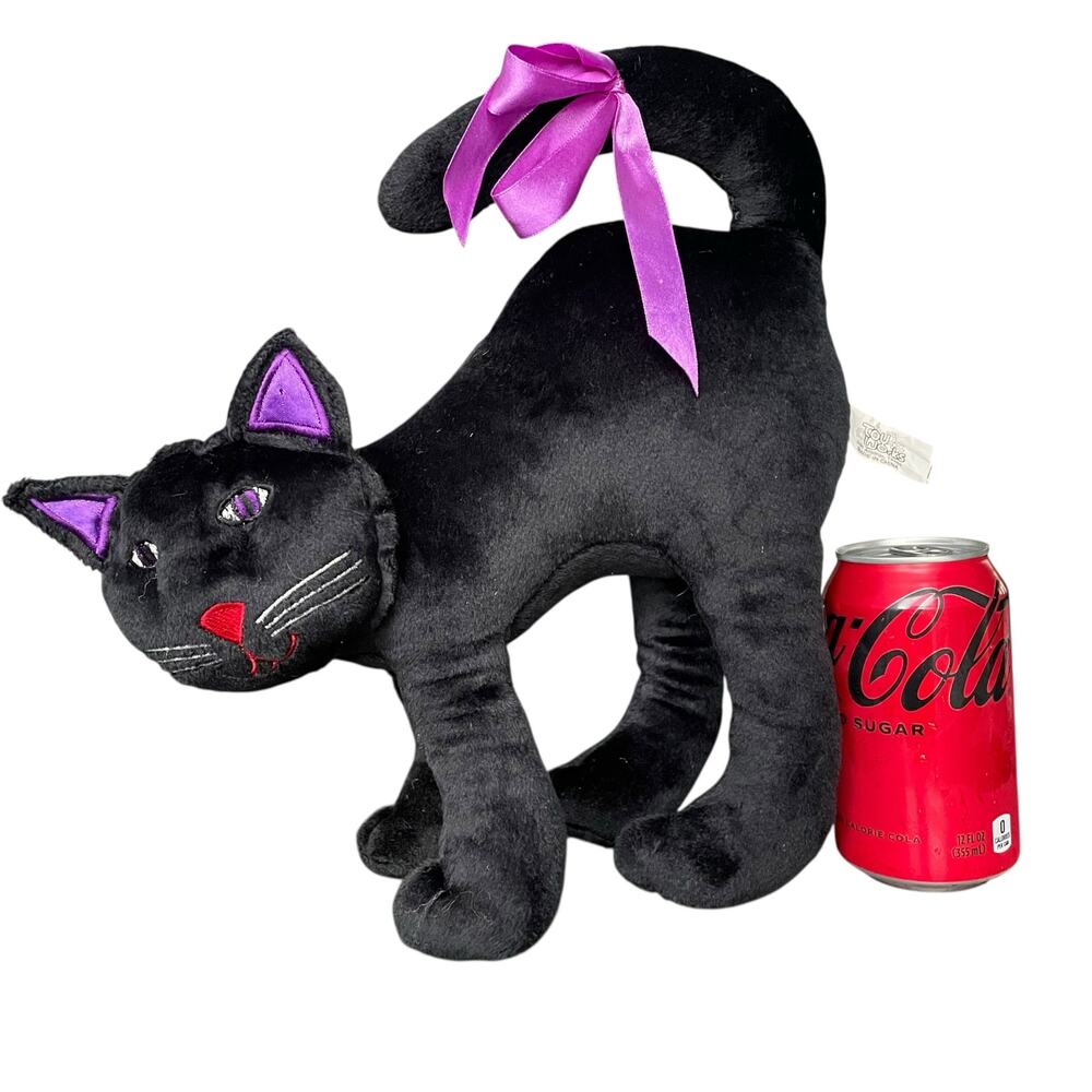 Vintage 1990's Black Cat Plush Pillow Purple Eyes Ears Stuffed Toy Halloween